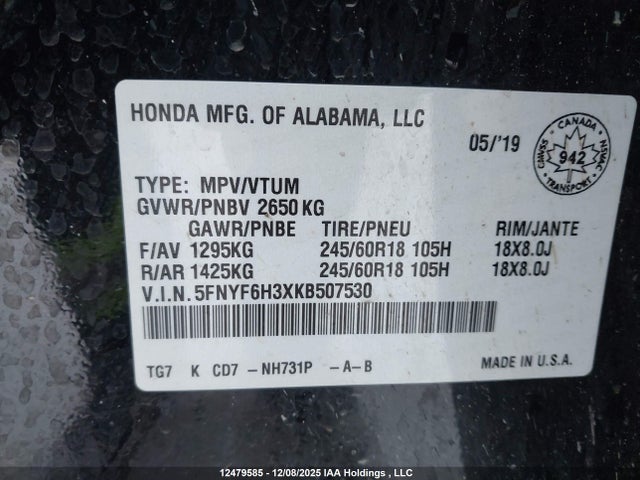 5FNYF6H3XKB507530 Honda Pilot Ex