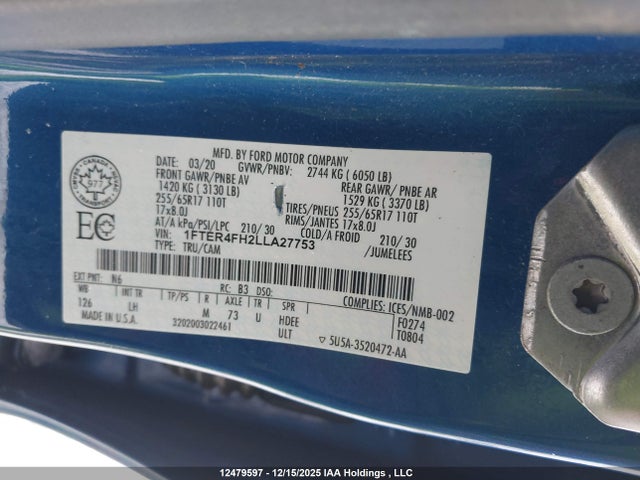 Aukcja sprzedaży 2020 Ford Ranger Xlt, vin: 1FTER4FH2LLA27753, numer aukcji: 12479597