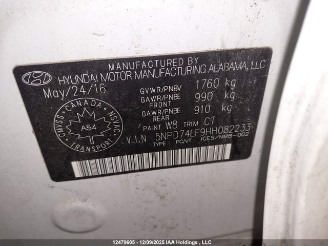 12479605 :رقم المزاد ، 5NPD74LF9HH082233 vin ، 2017 Hyundai Elantra Se مزاد بيع