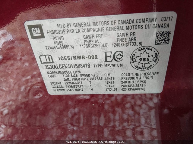 2GNALCEK4H1588418 Chevrolet EQUINOX LT