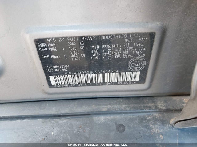 12479711 :رقم المزاد ، 4S4BRGBC5B3414564 vin ، 2011 Subaru Outback 2.5i Premium مزاد بيع