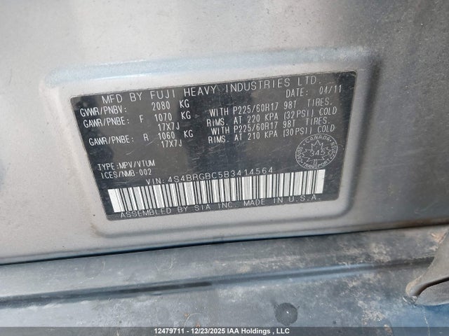 12479711 :رقم المزاد ، 4S4BRGBC5B3414564 vin ، 2011 Subaru Outback 2.5i Premium مزاد بيع