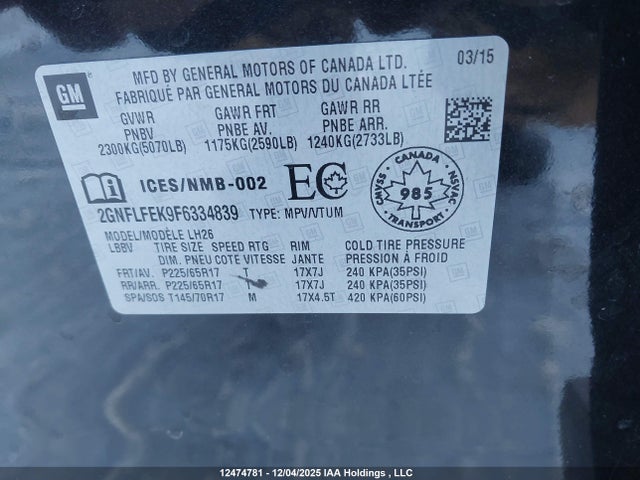 Продаж на аукціоні авто 2015 Chevrolet Equinox 1lt, vin: 2GNFLFEK9F6334839, номер лоту: 12474781