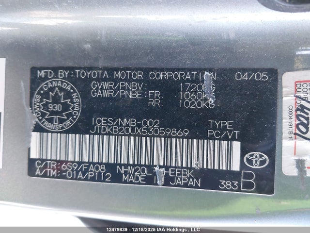 12479839 :رقم المزاد ، JTDKB20UX53059869 vin ، 2005 Toyota Prius مزاد بيع