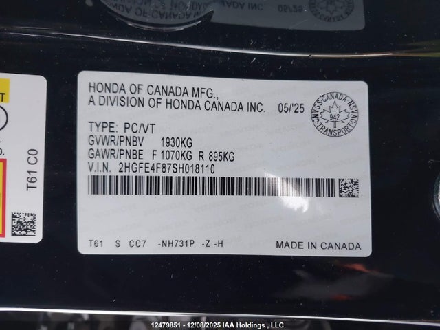 Aukcja sprzedaży 2025 Honda Civic Hybrid Sport/sport Touring, vin: 2HGFE4F87SH018110, numer aukcji: 12479851