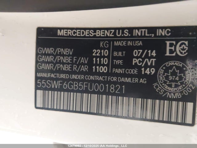 Aukcja sprzedaży 2015 Mercedes-benz C-class, vin: 55SWF6GB5FU001821, numer aukcji: 12479992