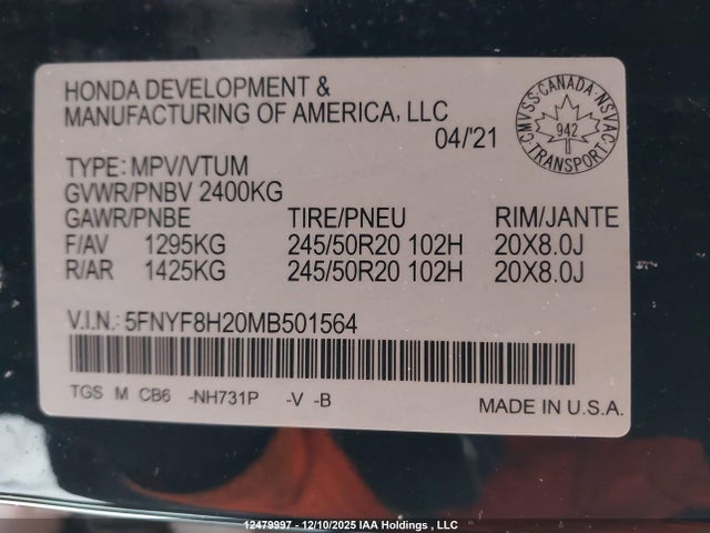2021 Honda Passport Sport მანქანა იყიდება აუქციონზე, vin: 5FNYF8H20MB501564, აუქციონის ნომერი: 12479997
