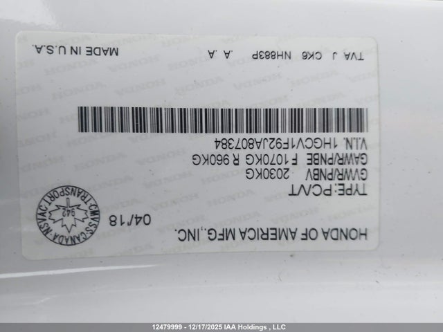 1HGCV1F92JA807384 Honda Accord Touring