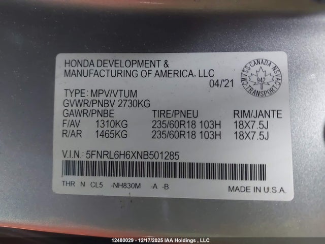 Aukcja sprzedaży 2022 Honda Odyssey Ex-l, vin: 5FNRL6H6XNB501285, numer aukcji: 12480029