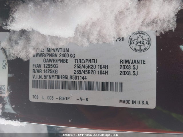 5FNYF8H96LB501144 Honda Passport Touring
