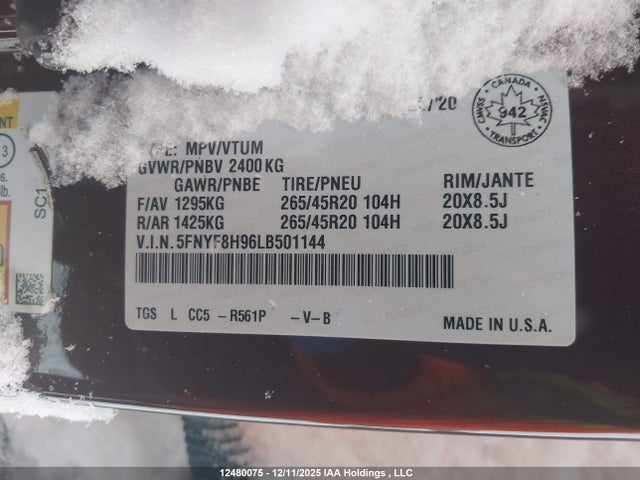 5FNYF8H96LB501144 Honda Passport Touring