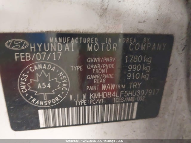KMHD84LF5HU397917 Hyundai Elantra Se/value/limited