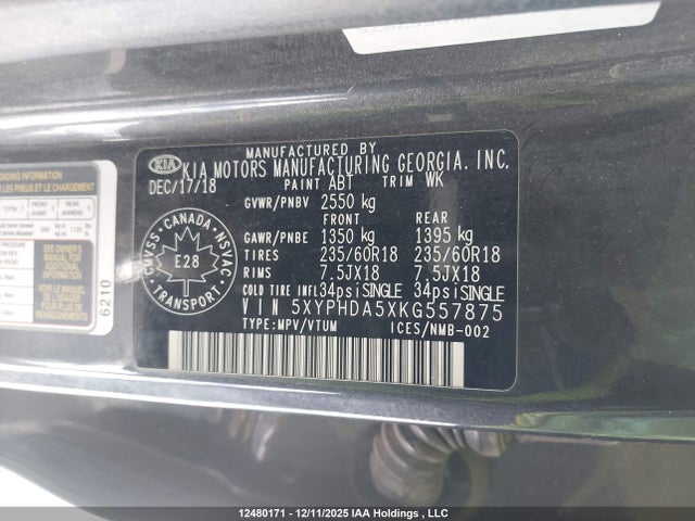 5XYPHDA5XKG557875 KIA Sorento 3.3l Ex/3.3l Ex+