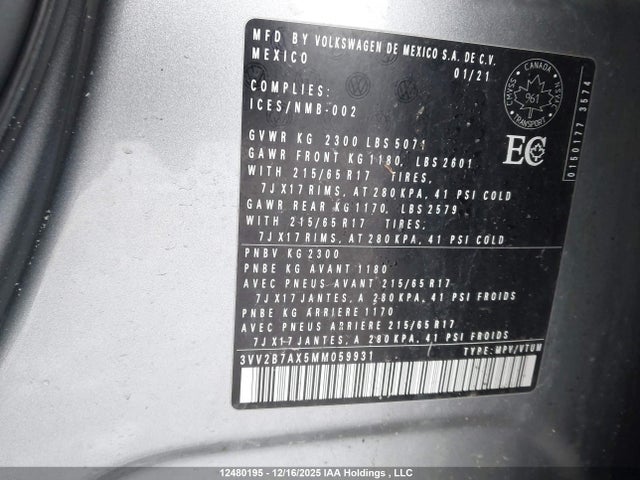 3VV2B7AX5MM059931 Volkswagen Tiguan Comfortline/united