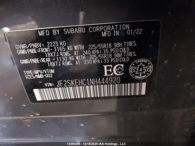Продаж на аукціоні авто 2022 Subaru Forester Sport, vin: JF2SKEHC1NH444920, номер лоту: 12480298