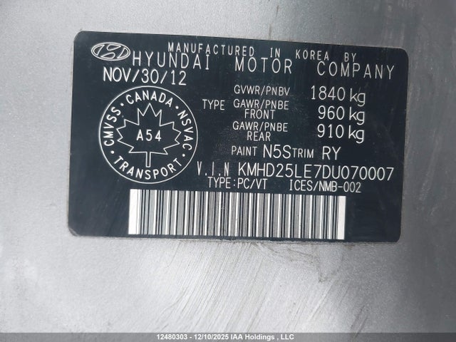 12480303 :رقم المزاد ، KMHD25LE7DU070007 vin ، 2013 Hyundai Elantra Gt Gl مزاد بيع