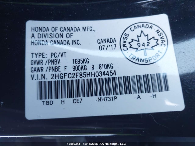 2017 Honda Civic Ex 4dr მანქანა იყიდება აუქციონზე, vin: 2HGFC2F85HH034454, აუქციონის ნომერი: 12480344