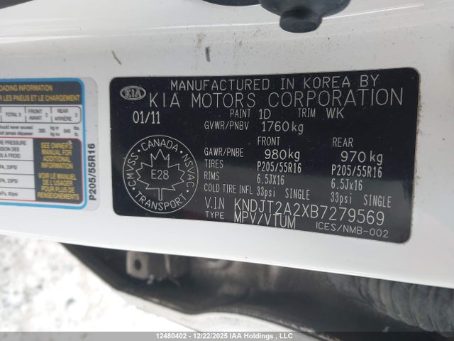 12480402 :رقم المزاد ، KNDJT2A2XB7279569 vin ، 2011 Kia Soul 2u مزاد بيع