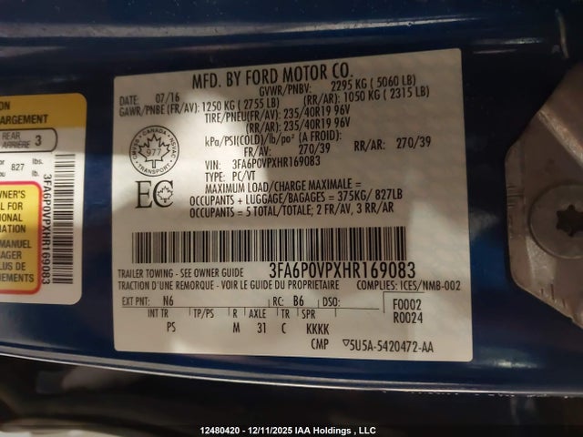 12480420 :رقم المزاد ، 3FA6P0VPXHR169083 vin ، 2017 Ford Fusion V6 Sport مزاد بيع