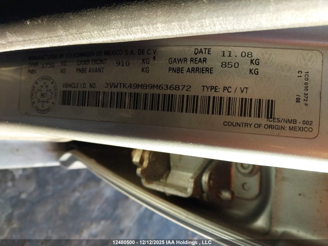 Aukcja sprzedaży 2009 Volkswagen City Jetta, vin: 3VWTK49M89M636872, numer aukcji: 12480500