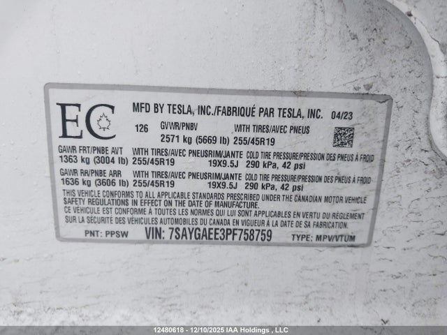 Aukcja sprzedaży 2023 Tesla Model Y Long Range, vin: 7SAYGAEE3PF758759, numer aukcji: 12480618