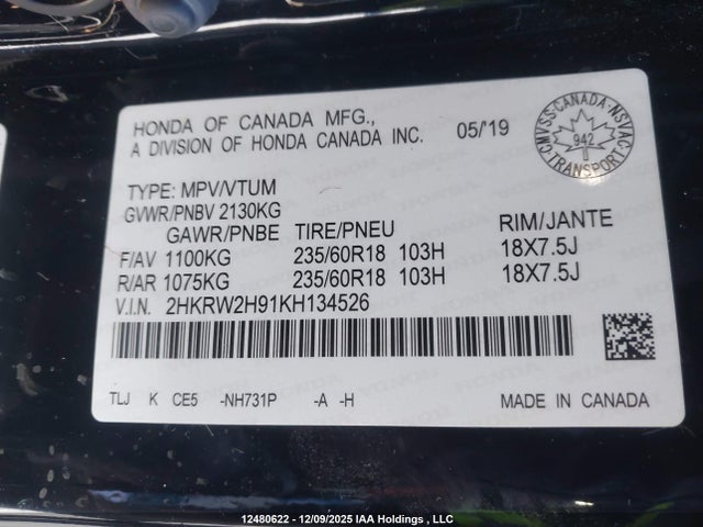 2HKRW2H91KH134526 Honda Cr-v Touring