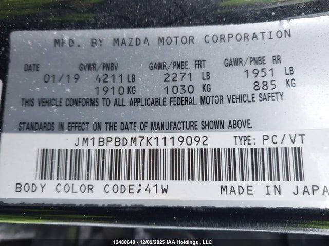 Продажа на аукционе авто 2019 Mazda Mazda3 Gt, vin: JM1BPBDM7K1119092, номер лота: 12480649
