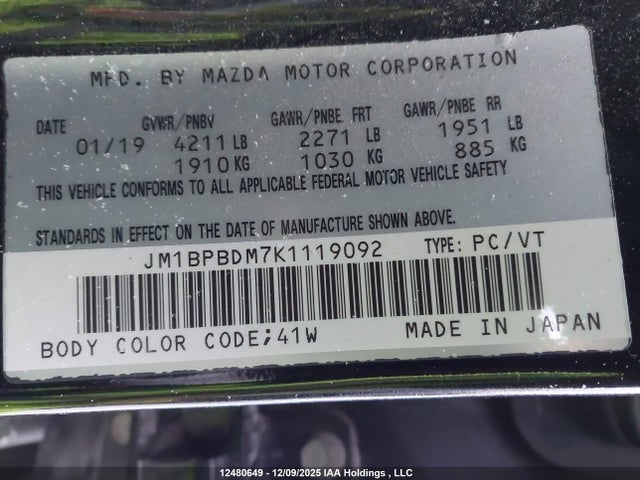 Продажа на аукционе авто 2019 Mazda Mazda3 Gt, vin: JM1BPBDM7K1119092, номер лота: 12480649