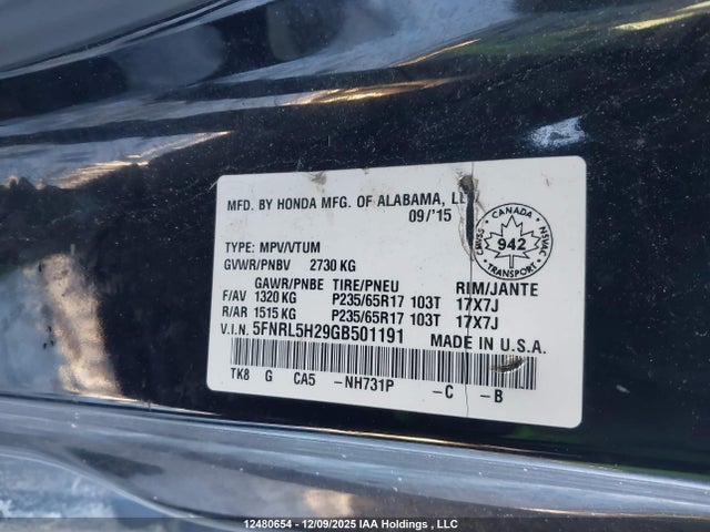 5FNRL5H29GB501191 Honda ODYSSEY LX