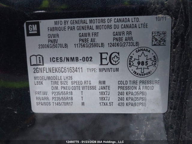 Aukcja sprzedaży 2012 Chevrolet Equinox 2lt, vin: 2GNFLNEK6C6163411, numer aukcji: 12480775