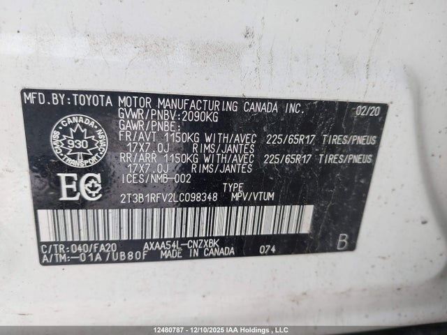 2020 Toyota Rav4 Le მანქანა იყიდება აუქციონზე, vin: 2T3B1RFV2LC098348, აუქციონის ნომერი: 12480787