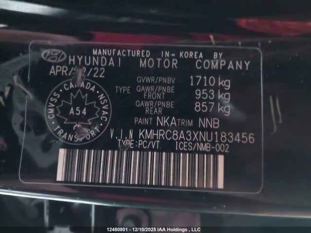 12480801 :رقم المزاد ، KMHRC8A3XNU183456 vin ، 2022 Hyundai Venue Sel/limited مزاد بيع
