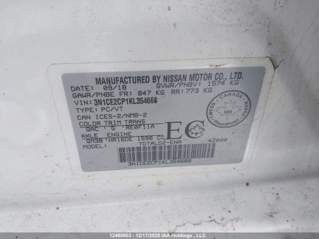 3N1CE2CP1KL354668 Nissan Versa Note S/sv
