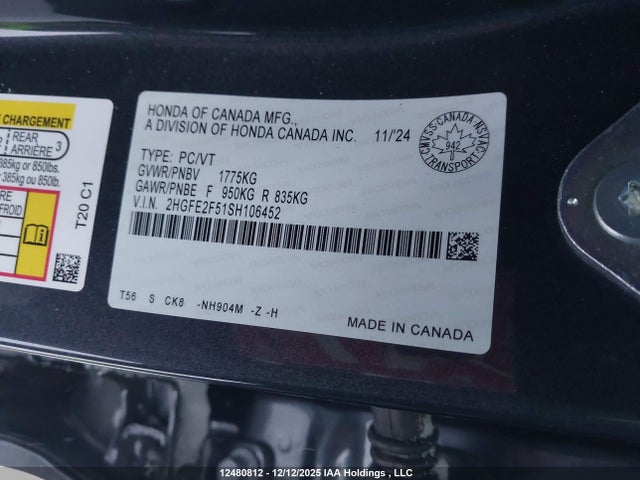 Продаж на аукціоні авто 2025 Honda Civic Sport, vin: 2HGFE2F51SH106452, номер лоту: 12480812
