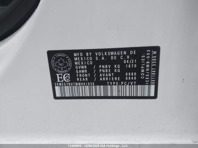 Aukcja sprzedaży 2021 Volkswagen Jetta Highline, vin: 3VWE57BU7MM061636, numer aukcji: 12480903