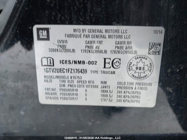 12480910 :رقم المزاد ، 1GTV2UEC1FZ176439 vin ، 2015 Gmc Sierra 1500 مزاد بيع