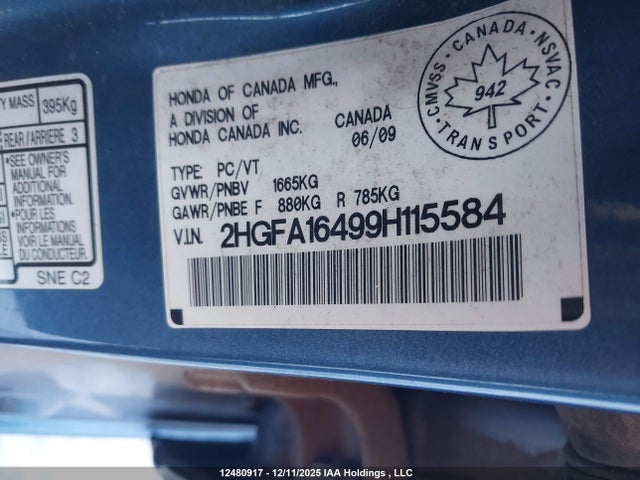 Aukcja sprzedaży 2009 Honda Civic Dx-g, vin: 2HGFA16499H115584, numer aukcji: 12480917