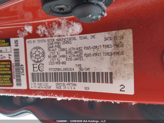 5TFDZ5BN1JX031814 Toyota Tacoma Dbl Cab/sr5/trd Sport/or