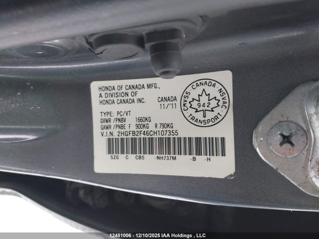 2012 Honda Civic Lx მანქანა იყიდება აუქციონზე, vin: 2HGFB2F46CH107355, აუქციონის ნომერი: 12481006