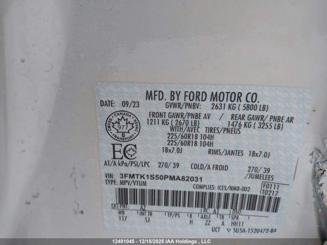Продажа на аукционе авто 2023 Ford Mustang Mach-e Select, vin: 3FMTK1S50PMA82031, номер лота: 12481045