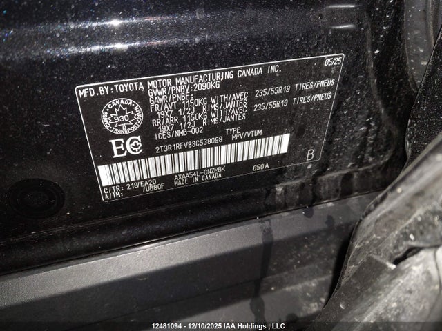 12481094 :رقم المزاد ، 2T3R1RFV8SC538098 vin ، 2025 Toyota Rav4 Xle مزاد بيع