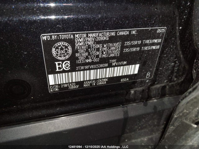 12481094 :رقم المزاد ، 2T3R1RFV8SC538098 vin ، 2025 Toyota Rav4 Xle مزاد بيع