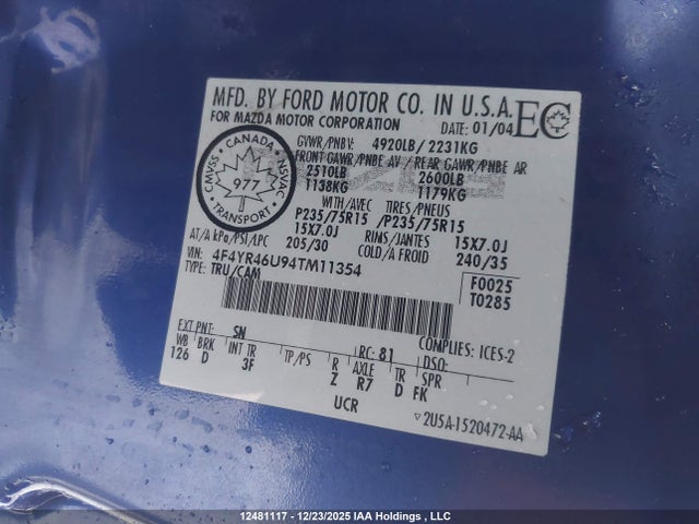 2004 Mazda B3000 Cab Plus მანქანა იყიდება აუქციონზე, vin: 4F4YR46U94TM11354, აუქციონის ნომერი: 12481117