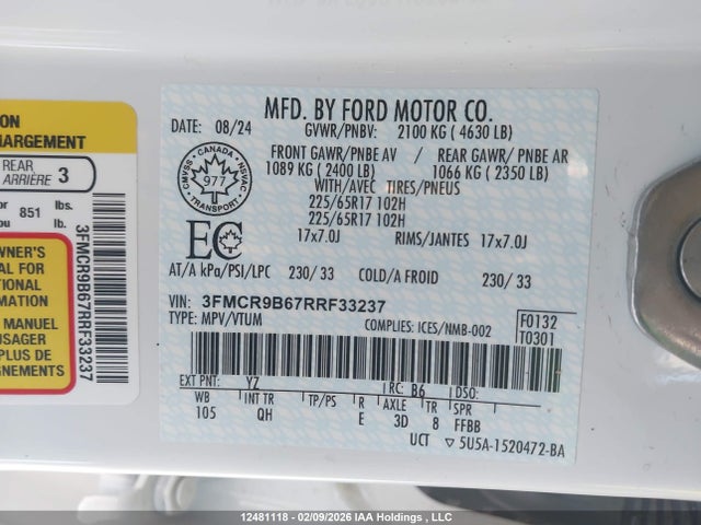 Продаж на аукціоні авто 2024 Ford Bronco Sport Big Bend, vin: 3FMCR9B67RRF33237, номер лоту: 12481118
