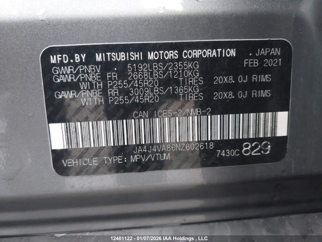 JA4J4VA86NZ602618 Mitsubishi Outlander Sel/sel Special Edition