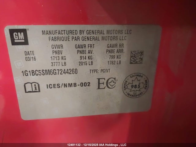 Chevrolet le2 - di: direct injection, alum, vvt, gen i, gmna 2016 1G1BC5SM6G7244260 Image 18