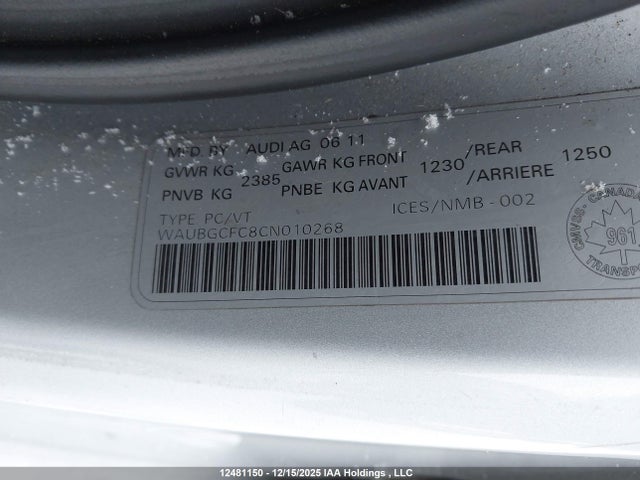 12481150 :رقم المزاد ، WAUBGCFC8CN010268 vin ، 2012 Audi A6 Quattro مزاد بيع