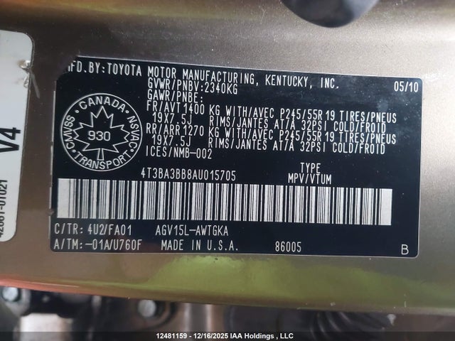 12481159 :رقم المزاد ، 4T3BA3BB8AU015705 vin ، 2010 Toyota Venza مزاد بيع