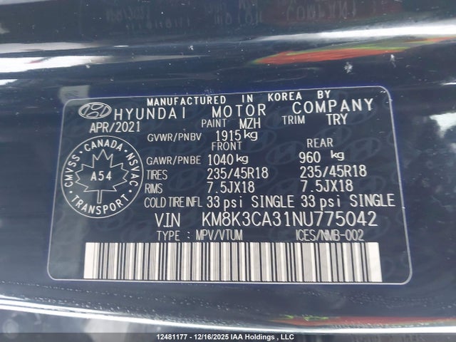 Продаж на аукціоні авто 2022 Hyundai Kona, vin: KM8K3CA31NU775042, номер лоту: 12481177