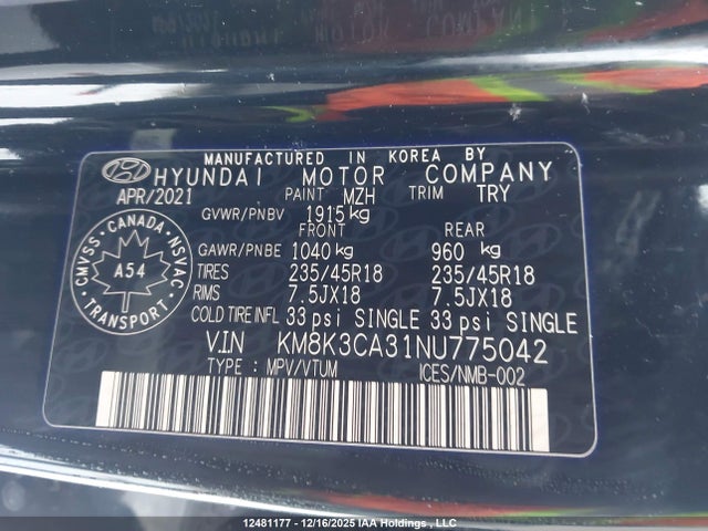 Продаж на аукціоні авто 2022 Hyundai Kona, vin: KM8K3CA31NU775042, номер лоту: 12481177